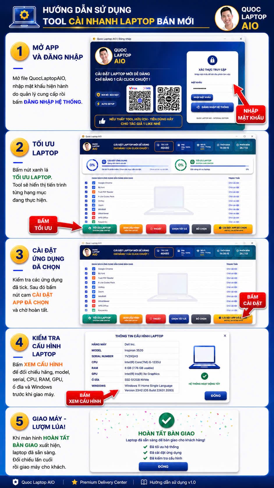 Hướng dẫn sử dụng QuocLaptopAIO gồm 5 bước từ đăng nhập đến hoàn tất bàn giao